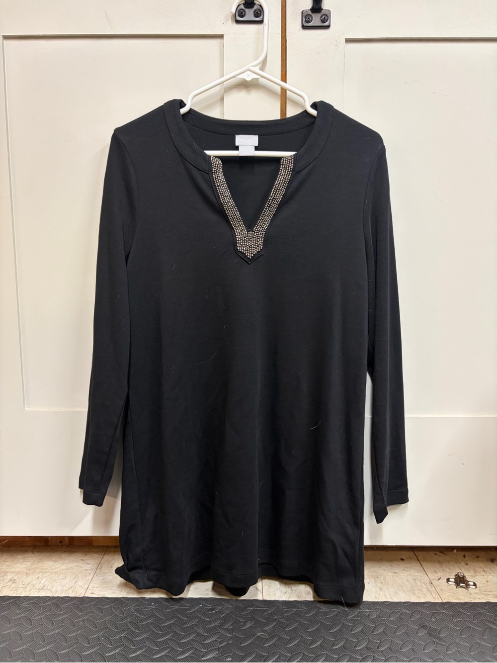Chico's Black Long Sleeve Tunic with Rhinestone V-Trim